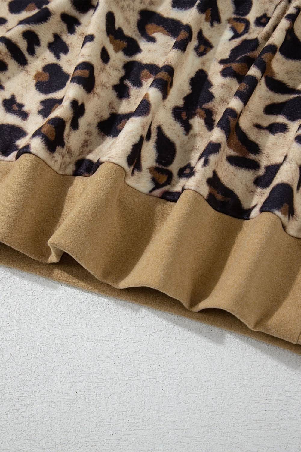 Light French Beige Leopard Print Patchwork Raglan Sleeve Half Buttons Hoodie - Love Salve